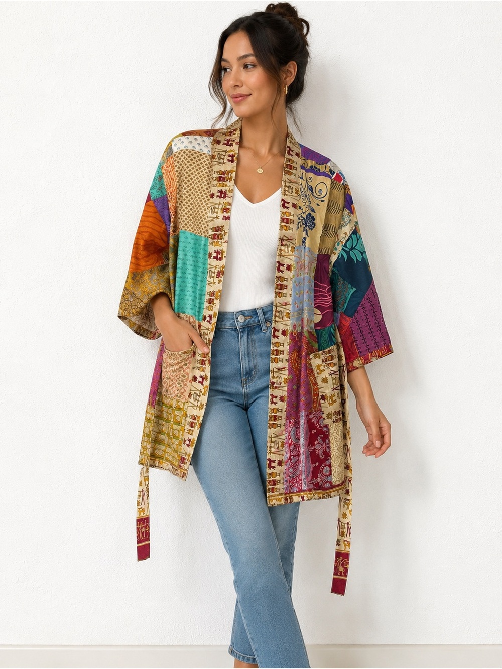 Sari designs lightweight Patchwork Open-Front Kimono Cardigan M